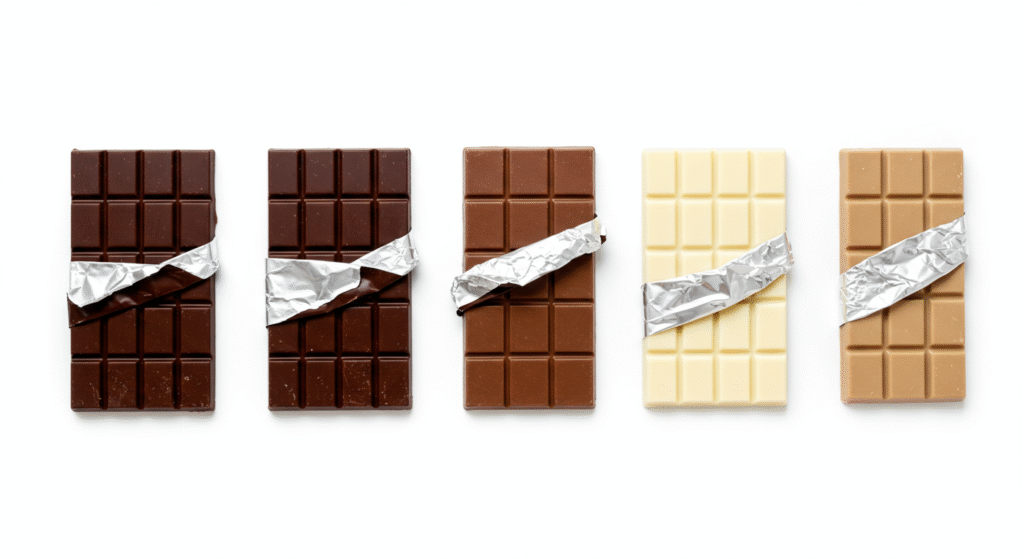 Types of Chocolate – The Ultimate Guide to Choosing the Right One for Your 3-Ingredient Recipes 2 Chocolate bars arranged by cocoa percentage from dark to white chocolate showing color progression