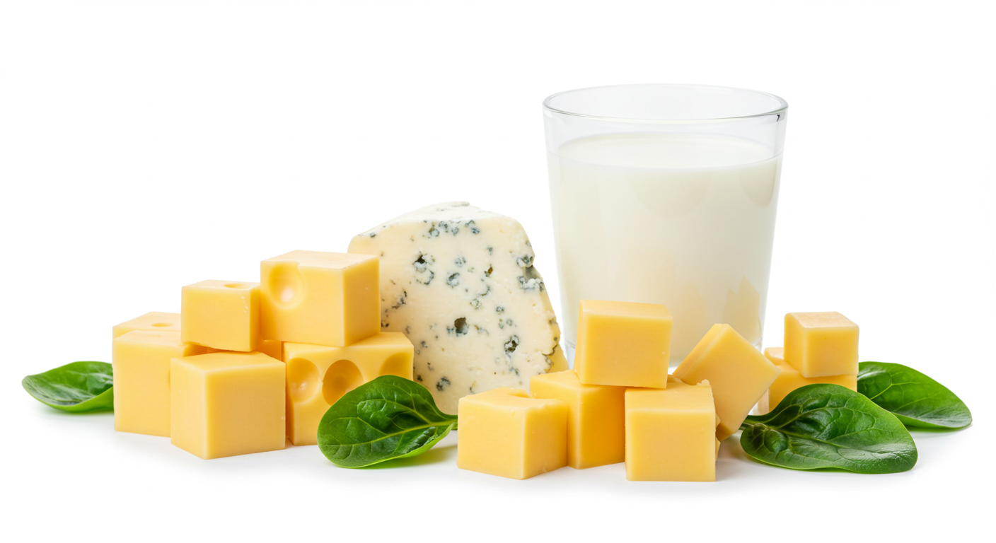 Types of Cheese – The Complete Guide Every Home Cook Needs (Plus 3-Ingredient Recipe Ideas!) 2 Calcium-rich foods including cheese cubes, milk, and leafy greens showcasing nutritional benefits