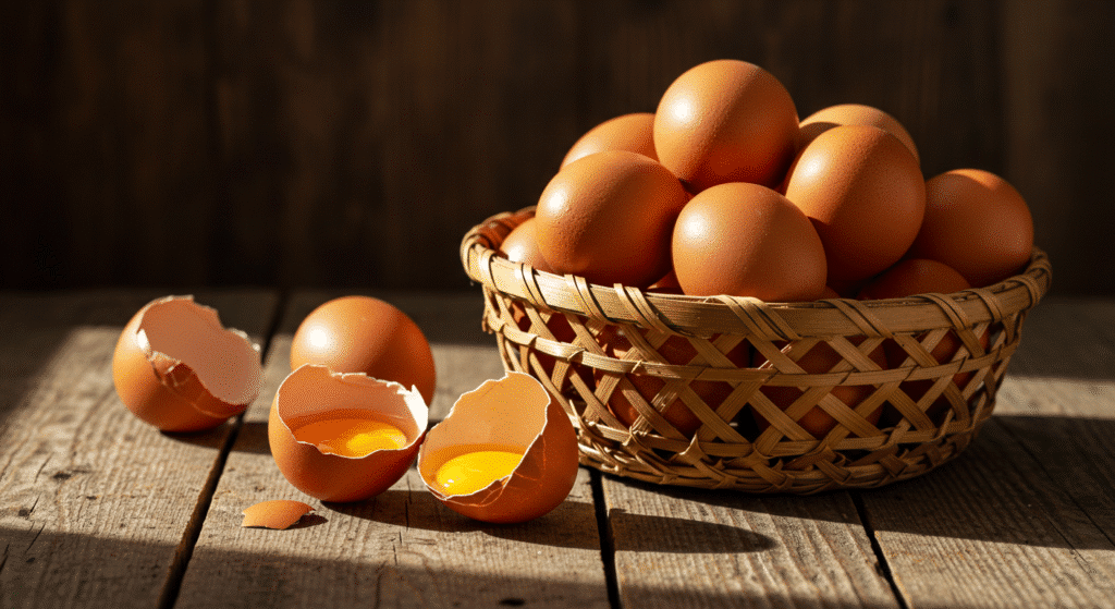 Organic brown eggs in a basket with cracked shells showing fresh yolks on a wooden kitchen table