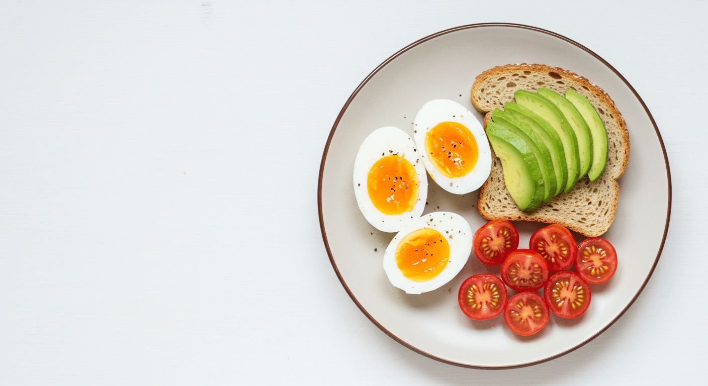 Healthy breakfast plate with boiled eggs, avocado, toast, and tomatoes