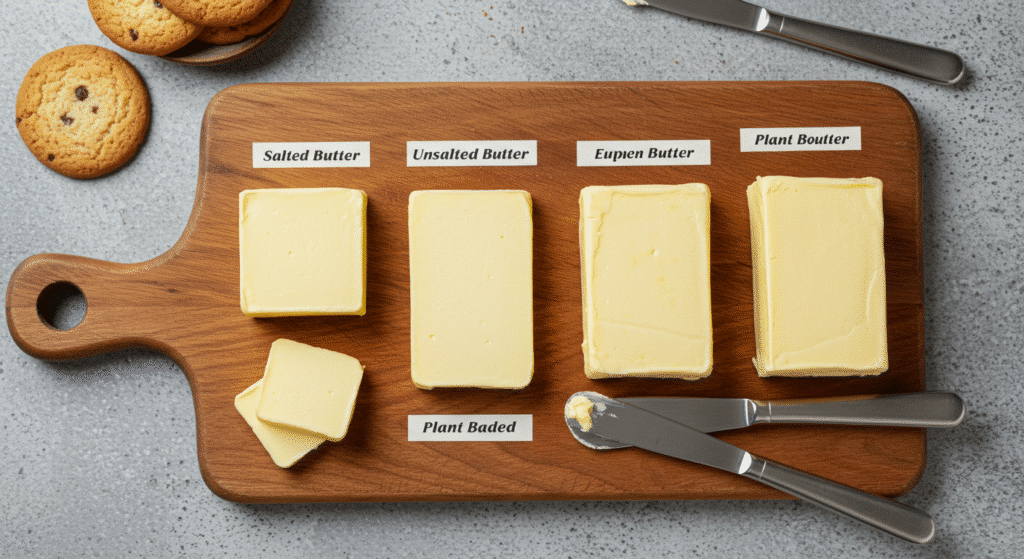 Labeled slices of salted, unsalted, European-style, and plant-based butter on a wooden board.Types of butter