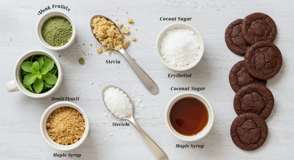 Labeled natural sugar substitutes like monk fruit, stevia, and coconut sugar on a kitchen counter with cookies.