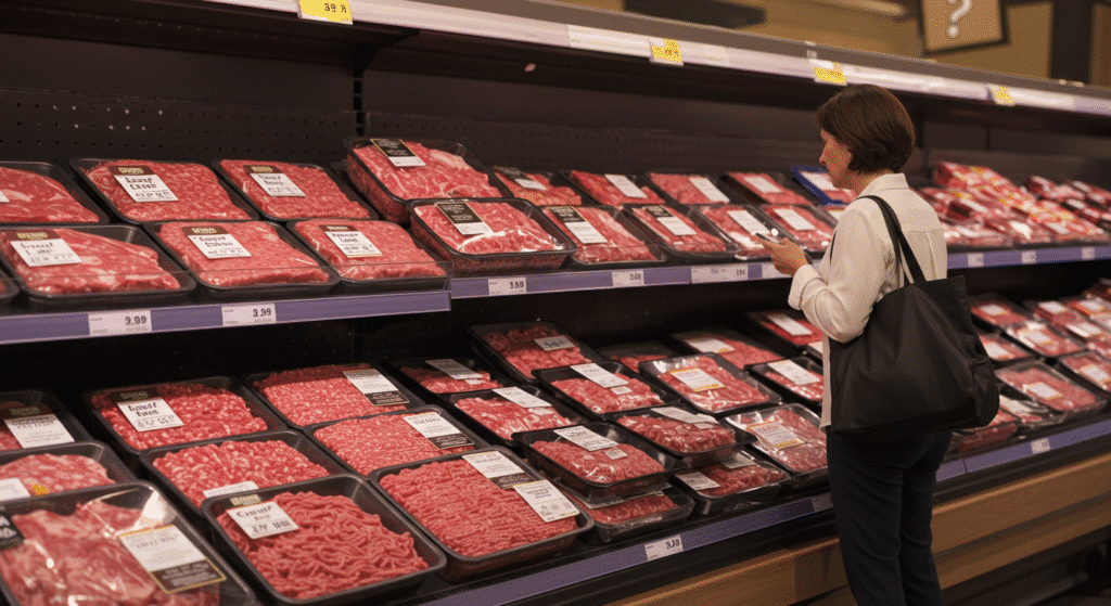 A shopper looking at different types of ground meat in a grocery store meat section.Types of Minced Meat
