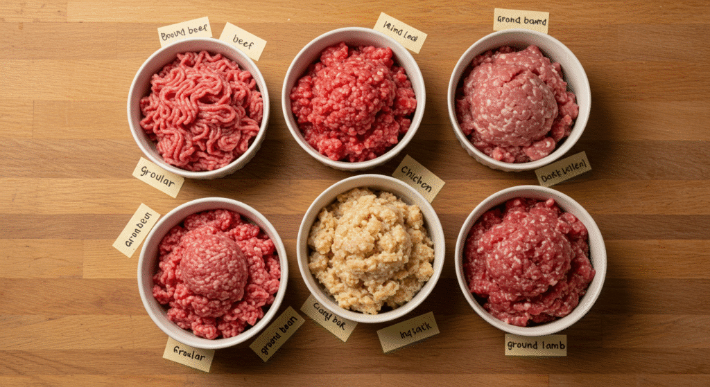 Bowls of various minced meats – beef, turkey, chicken, pork, and lamb – labeled and displayed on a kitchen counter.Types of Minced Meat