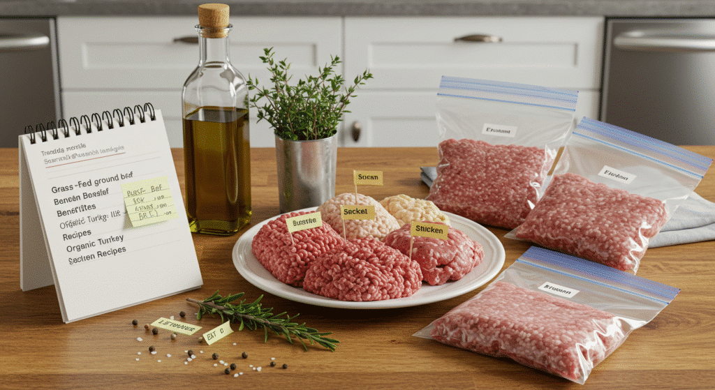 Flat-packed ground meat with herbs, olive oil, and trending food terms displayed on a kitchen counter.
