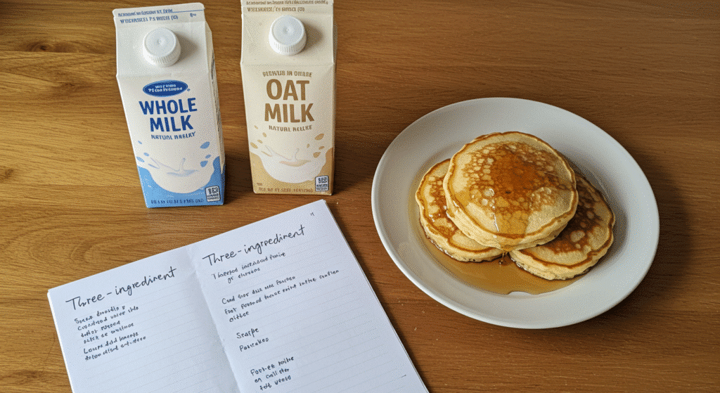 Oat milk and regular milk next to a plate of fluffy pancakes on a kitchen counter. Types and Alternatives to Milk