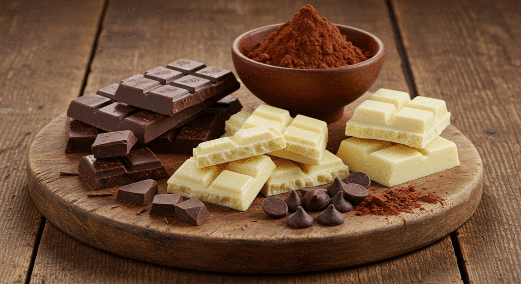 Different types of chocolate including dark, milk, white chocolate and cocoa powder arranged on wooden board