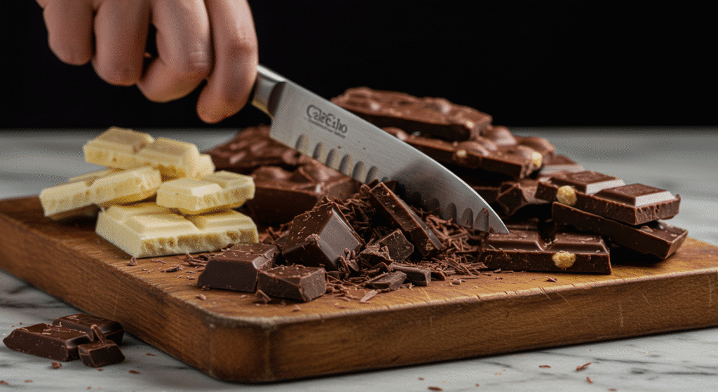 Close-up of chocolate being chopped with knife showing texture and chocolate shavings