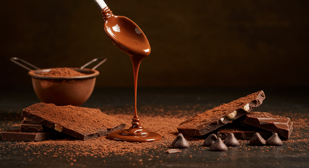 Artistic arrangement of chocolate in different forms including melted, chips, powder and bark pieces