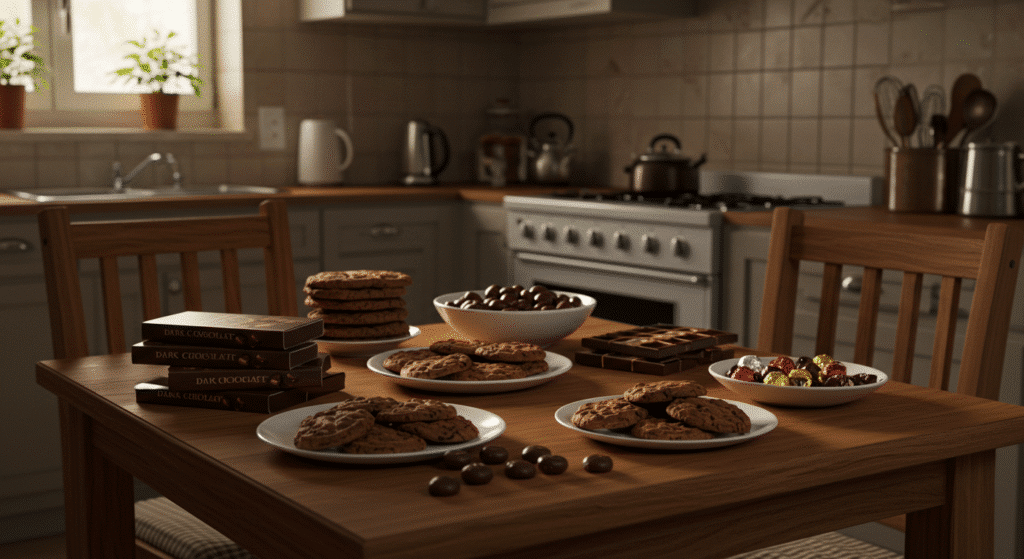 Cozy kitchen scene with various chocolate desserts and hot chocolate on wooden table