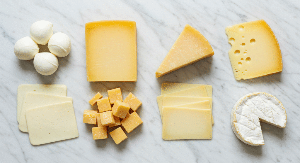 Four categories of cheese types organized by texture from fresh to aged varieties