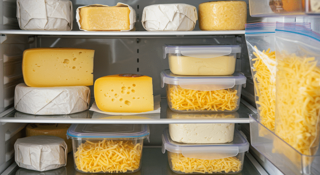 Proper cheese storage methods showing wrapped hard cheese and containers for different varieties