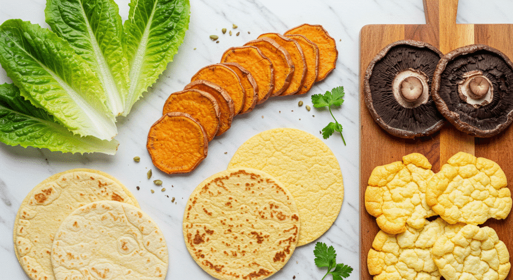 Various healthy bread alternatives including lettuce wraps, sweet potato slices, and cauliflower bread arranged on white marble countertop
