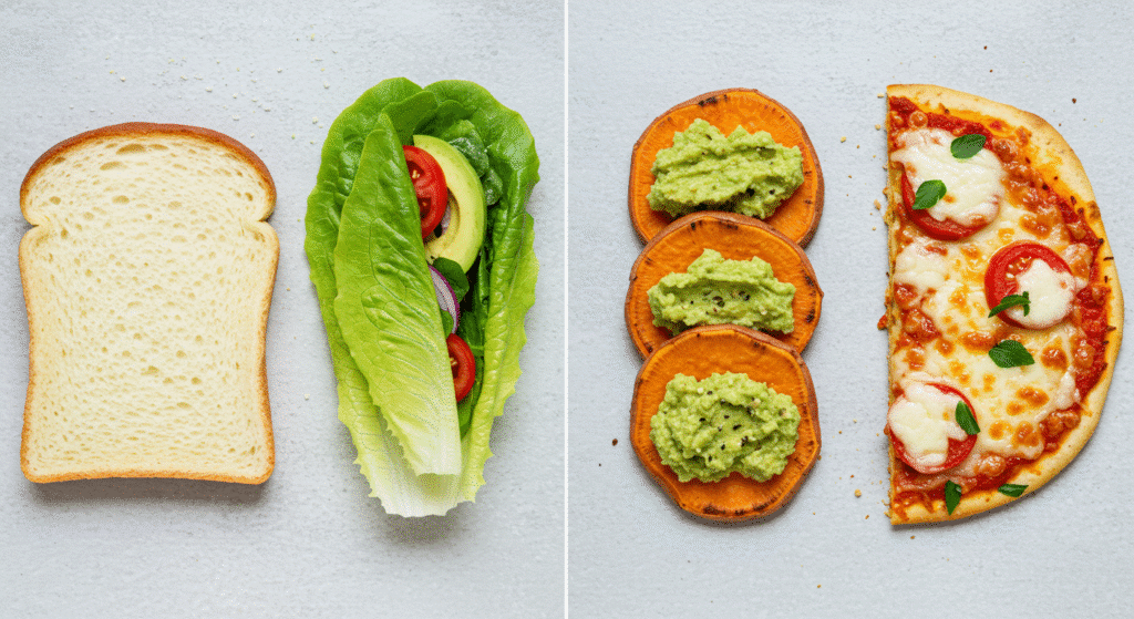 Side-by-side comparison of traditional white bread versus healthy alternatives like lettuce wraps and sweet potato slices