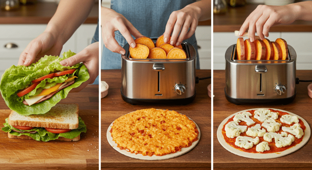 Hands preparing various bread alternatives including lettuce wraps and sweet potato toast in a home kitchen setting
