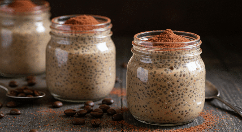 Tiramisu chia pudding in glass jar with coffee beans and cocoa powder dusting
