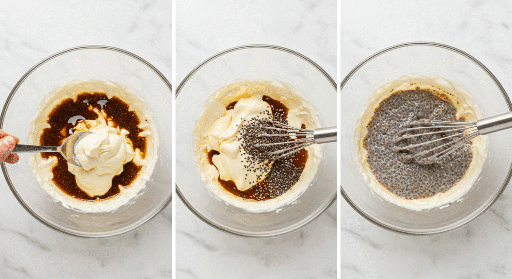 Step-by-step process of making tiramisu chia pudding showing mixing and preparation