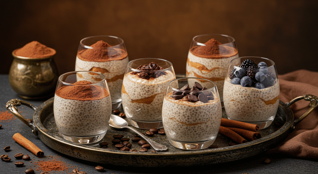 Different variations of tiramisu chia pudding with various toppings and flavor additions