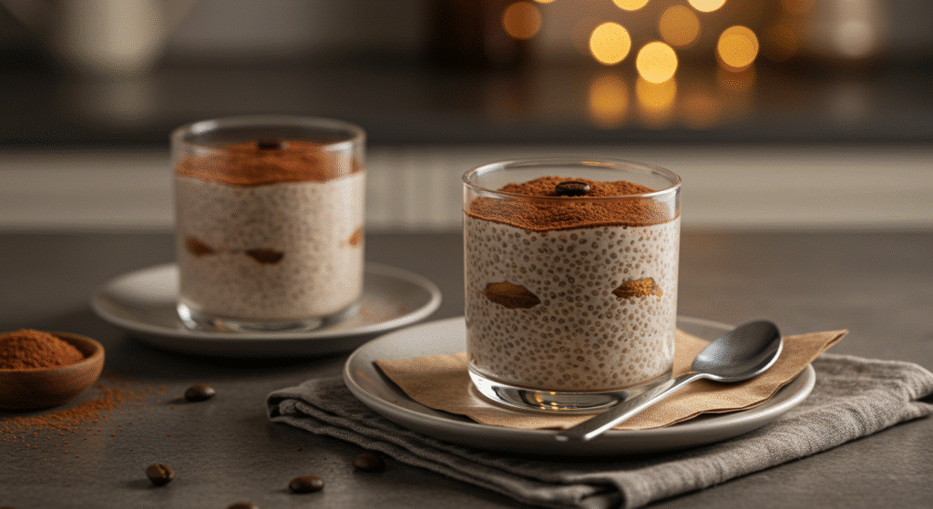 Elegantly served tiramisu chia pudding with coffee bean garnish and cocoa dusting