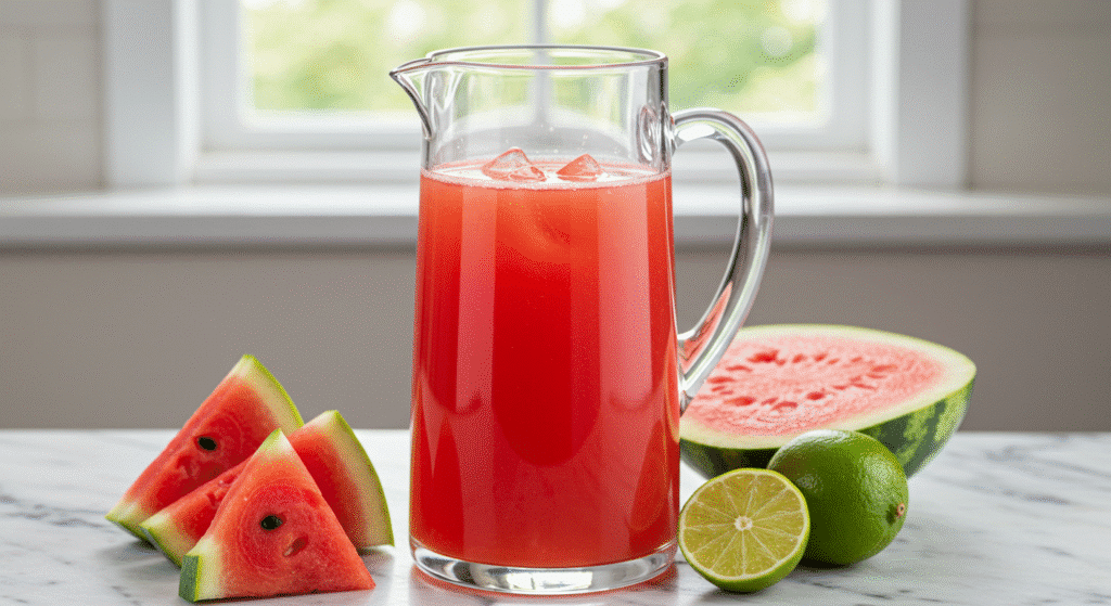 Fresh watermelon limeade in glass pitcher with watermelon slices and limes