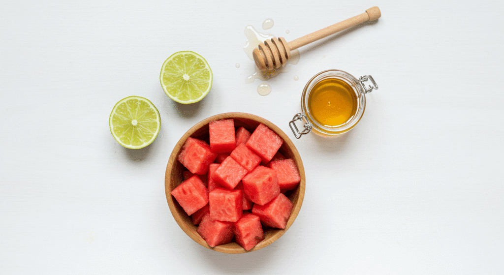 Three ingredients for watermelon limeade - watermelon cubes, lime juice, and honey