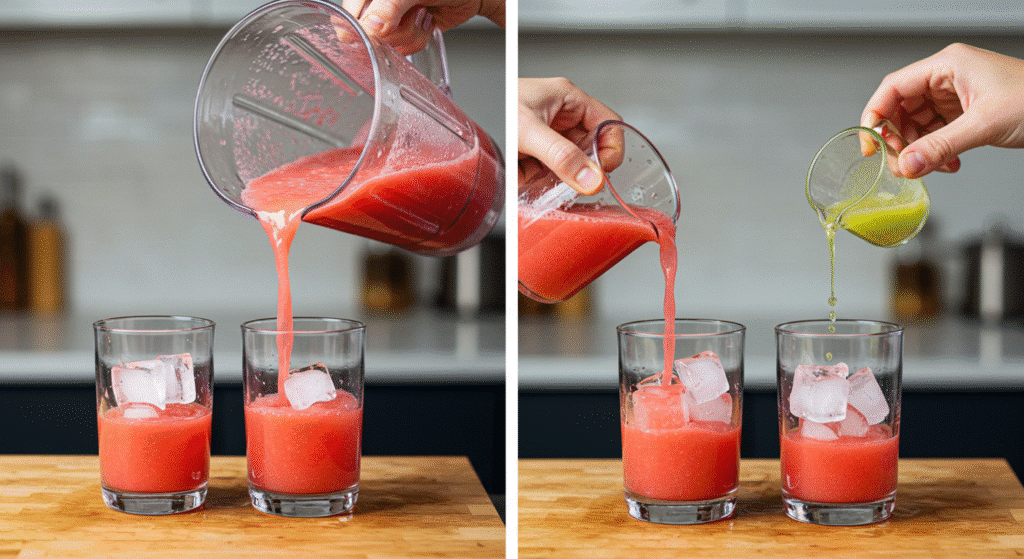 Making watermelon limeade by blending watermelon and adding lime juice