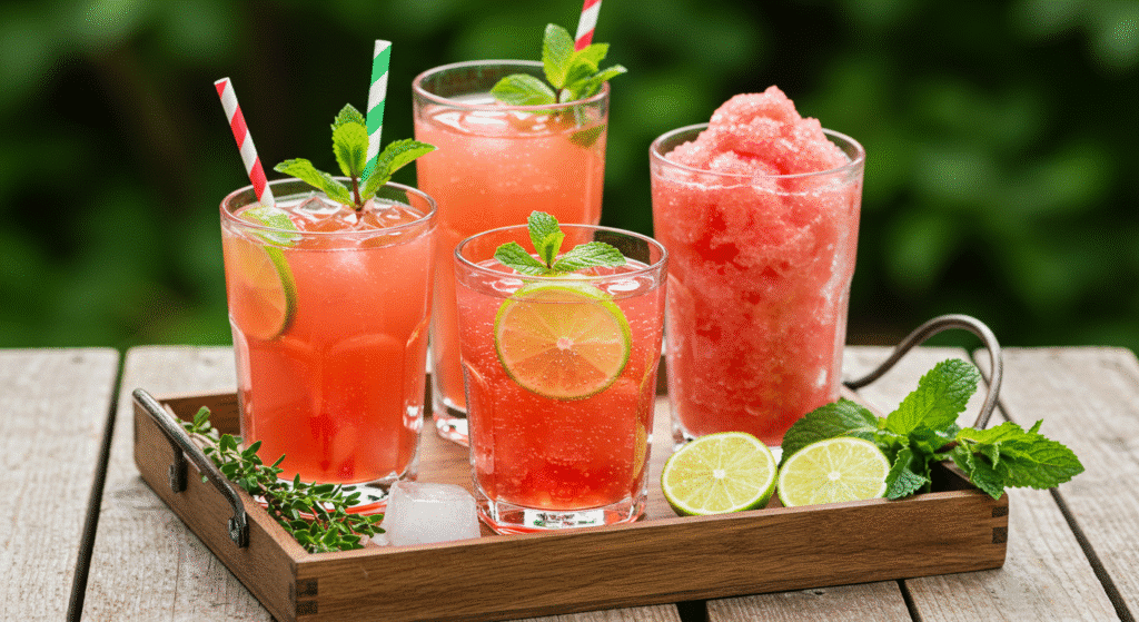Four creative variations of watermelon limeade with different garnishes and styles