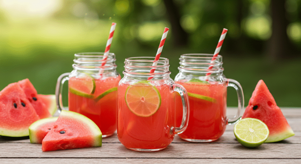 Mason jars of watermelon limeade on outdoor picnic table in summer setting
