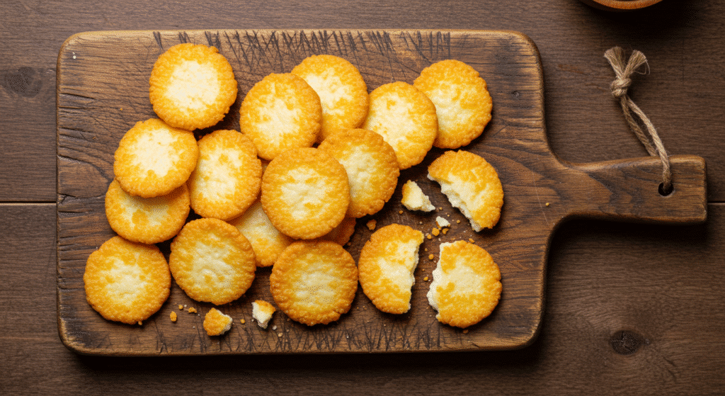 Crispy cottage cheese chips made with 3 ingredients on wooden cutting board