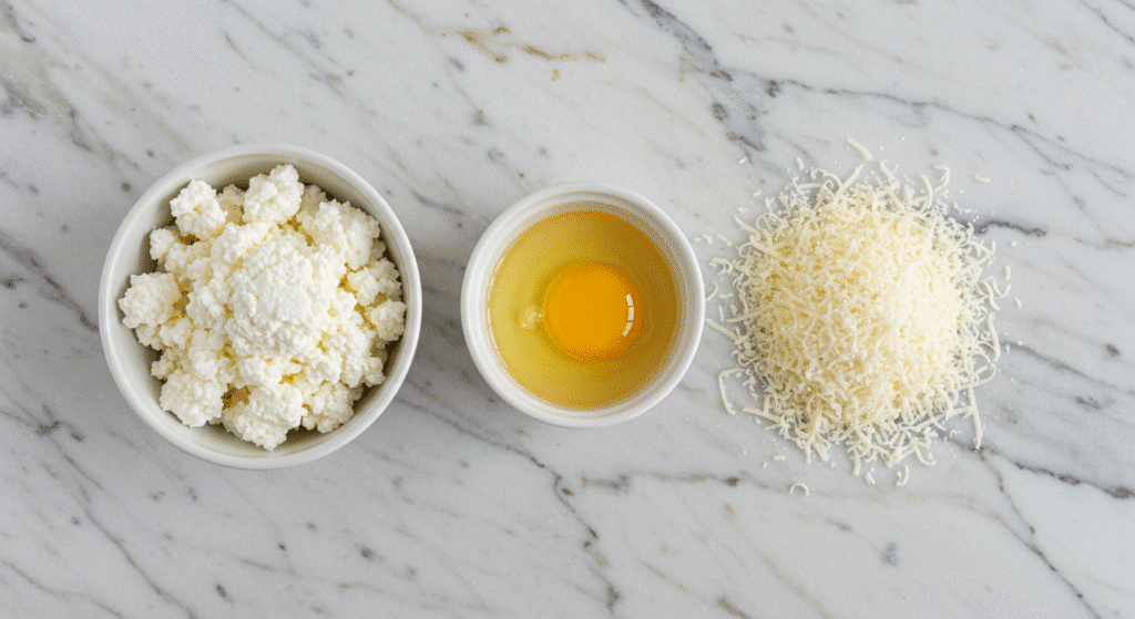 Three ingredients for cottage cheese chips recipe - cottage cheese, egg, and Parmesan