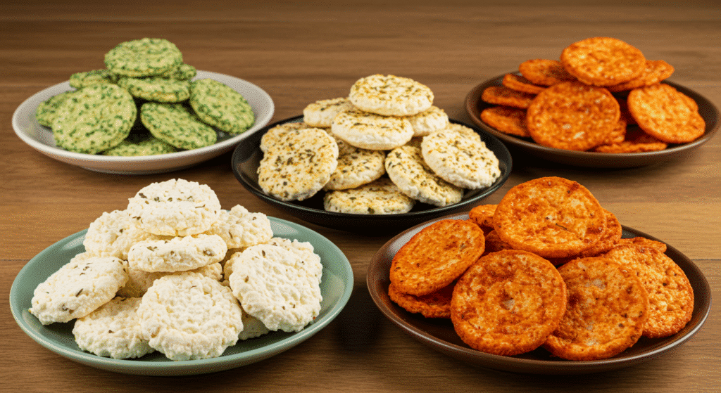 Different flavor variations of cottage cheese chips with herbs and spices