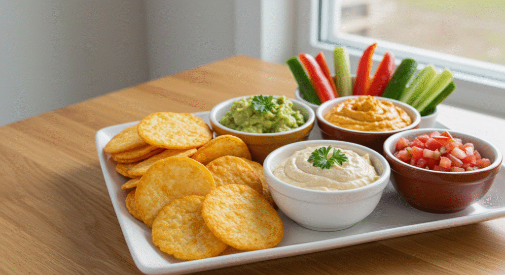 Cottage cheese chips served with healthy dips and fresh vegetables