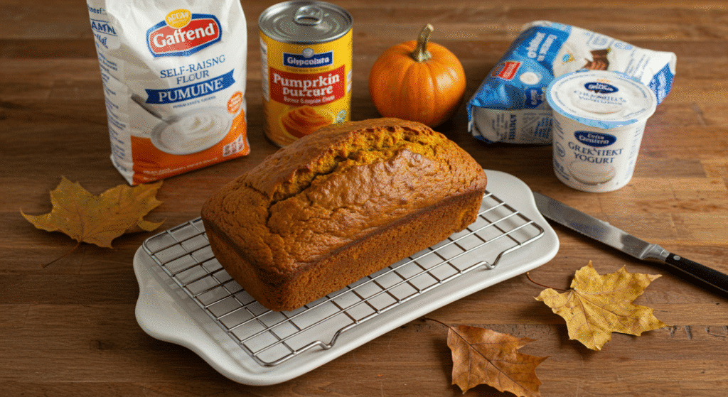 Freshly baked pumpkin bread with self rising flour cooling on wooden counter with ingredients