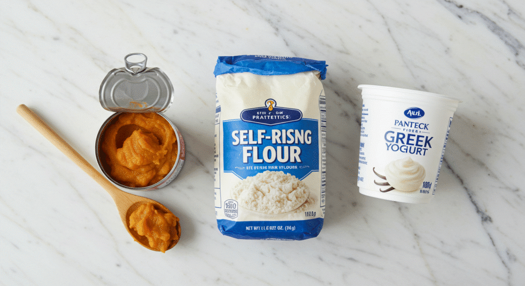 Three ingredients for pumpkin bread - pumpkin puree, self rising flour, and Greek yogurt