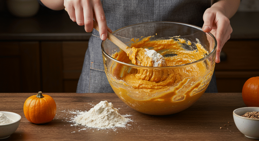 Mixing pumpkin bread batter with wooden spoon in glass bowl