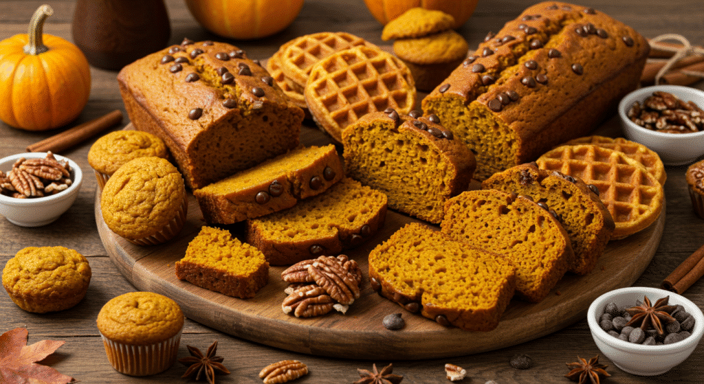 Various pumpkin bread variations including muffins, waffles, and different toppings