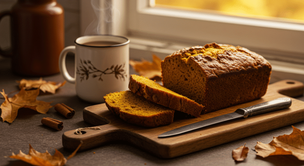 Sliced pumpkin bread on wooden cutting board with coffee mug in cozy kitchen setting