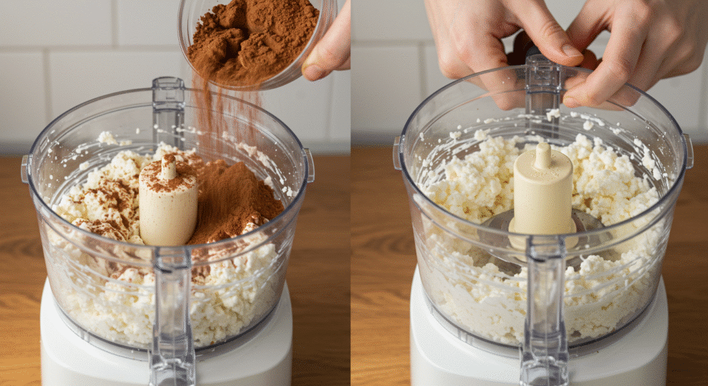 Cottage cheese being blended smooth in food processor with cocoa powder