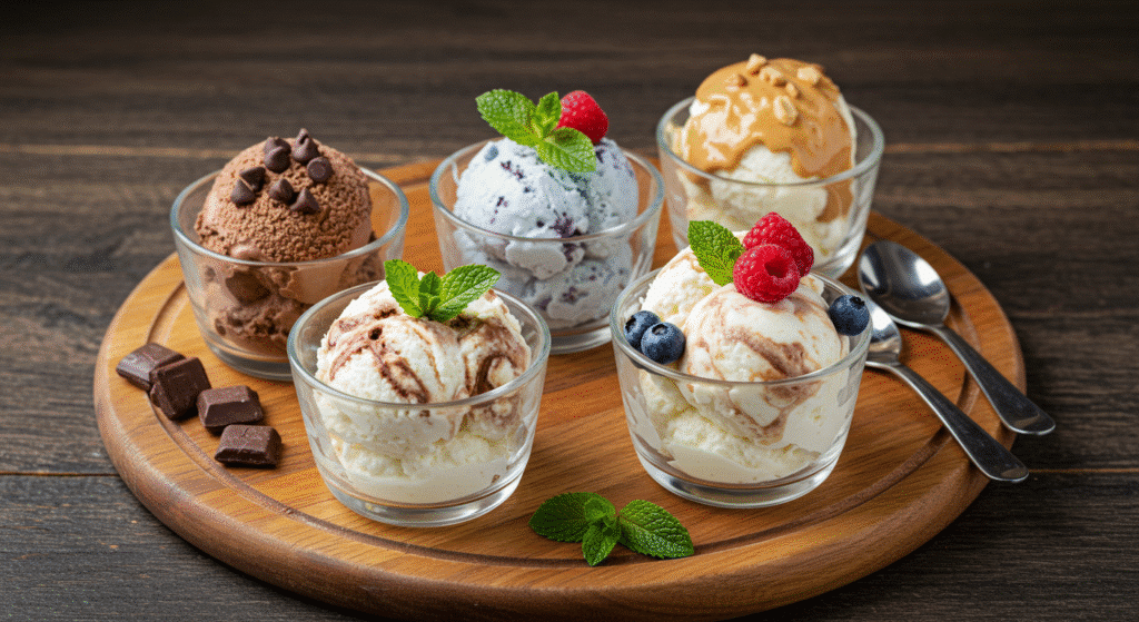 Four cottage cheese ice cream variations including chocolate, vanilla, mint, and peanut butter flavors
