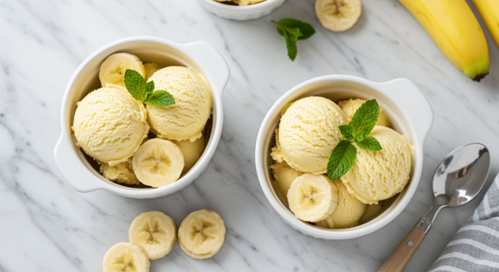 Cottage cheese banana ice cream scoops in white bowls with fresh banana garnish