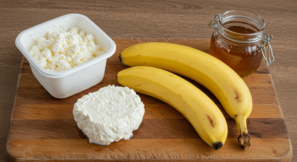 Three ingredients for cottage cheese banana ice cream - cottage cheese, bananas, and honey