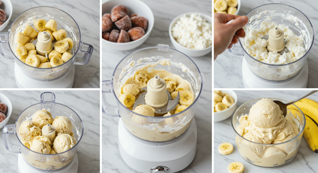 Step-by-step process of making cottage cheese banana ice cream in food processor