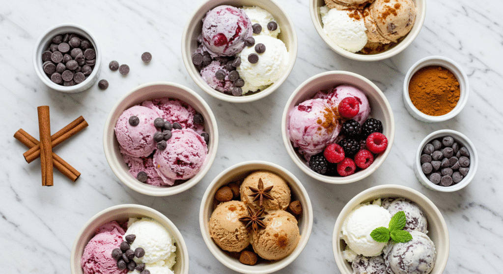Various cottage cheese banana ice cream flavor variations in colorful bowls