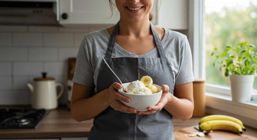 Chef Greeny enjoying homemade cottage cheese banana ice cream in cozy kitchen