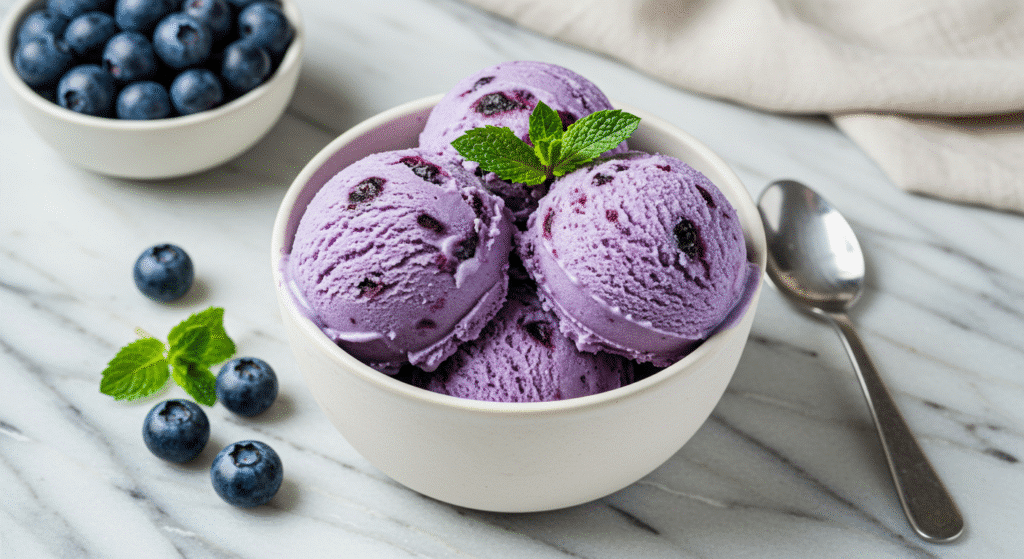 Homemade blueberry and cottage cheese ice cream in white bowl with fresh blueberries