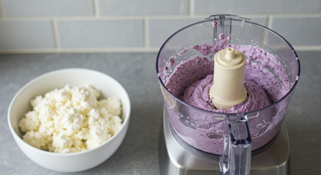 Blending cottage cheese and blueberries in food processor for homemade ice cream