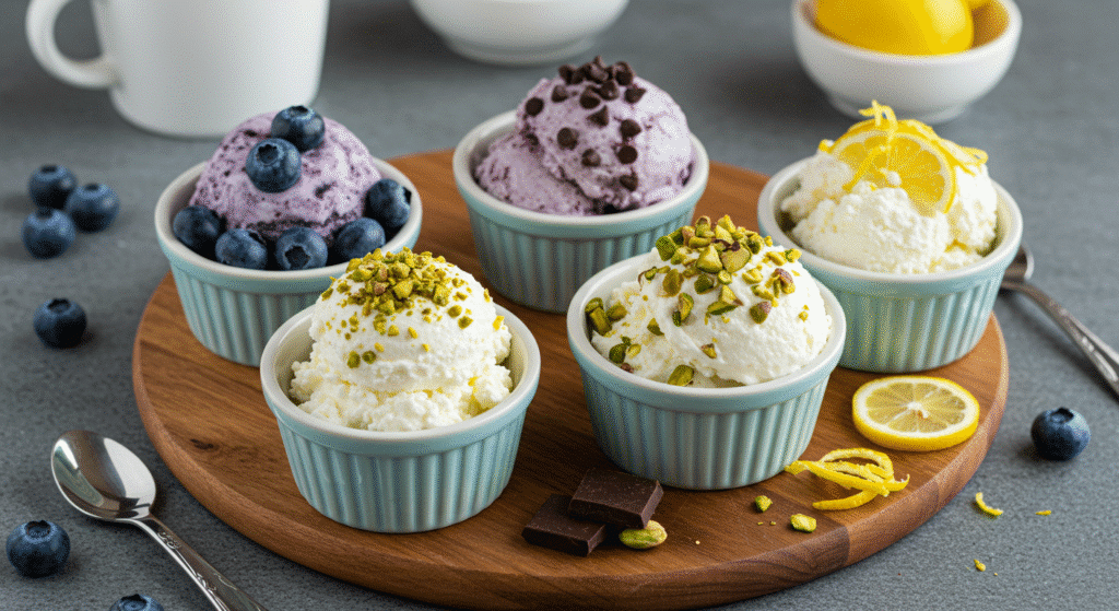 Four variations of cottage cheese ice cream with different mix-ins and toppings