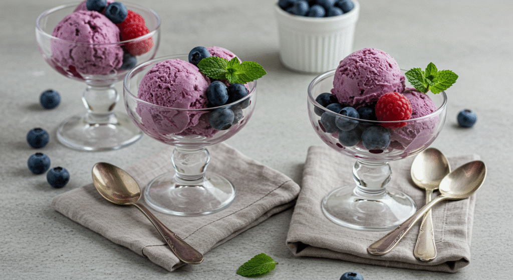 Elegantly plated blueberry and cottage cheese ice cream dessert with fresh berry garnish