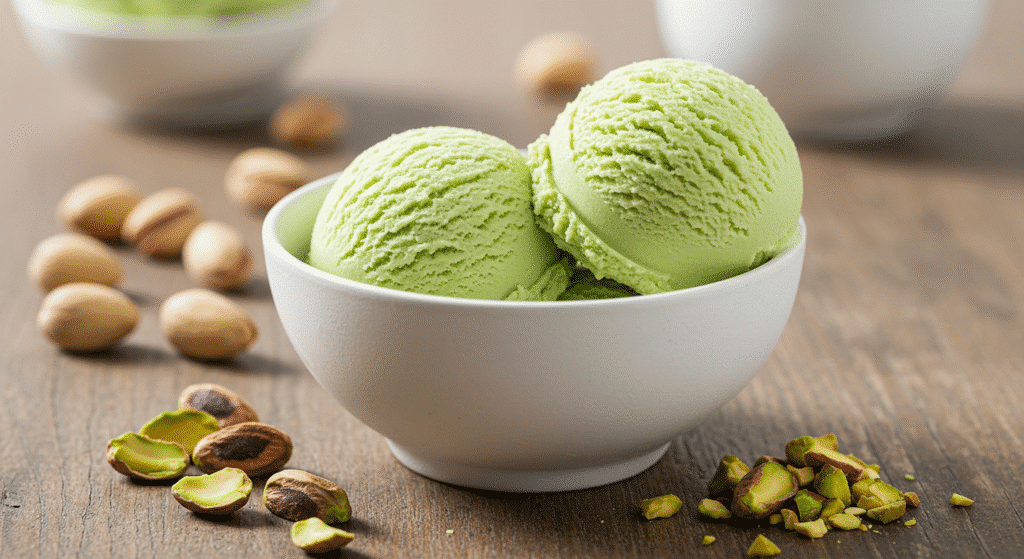 Creamy cottage cheese pistachio ice cream scoops in white bowl with pistachios