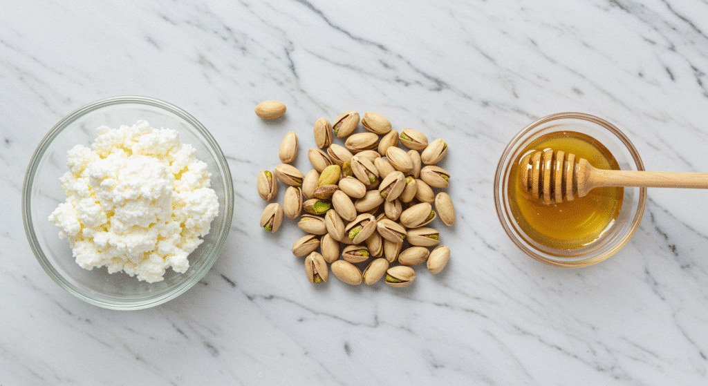 Three ingredients for cottage cheese pistachio ice cream - cottage cheese, pistachios, and honey